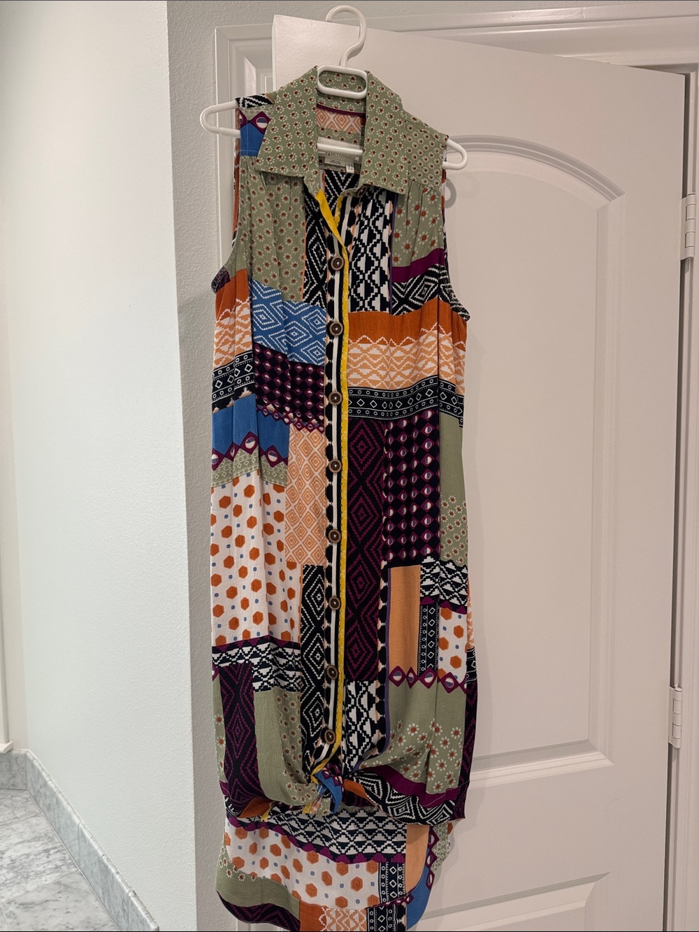 Anthropologie Multi-Pattern Collared Button Dress in Olive, Mustard & Plum